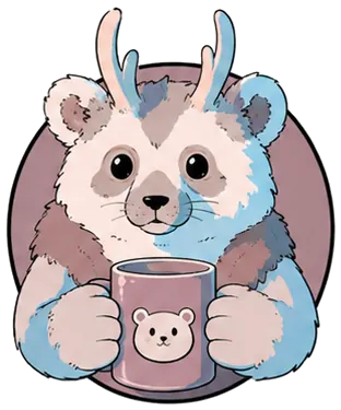 Moodie the mascot, holding a mug